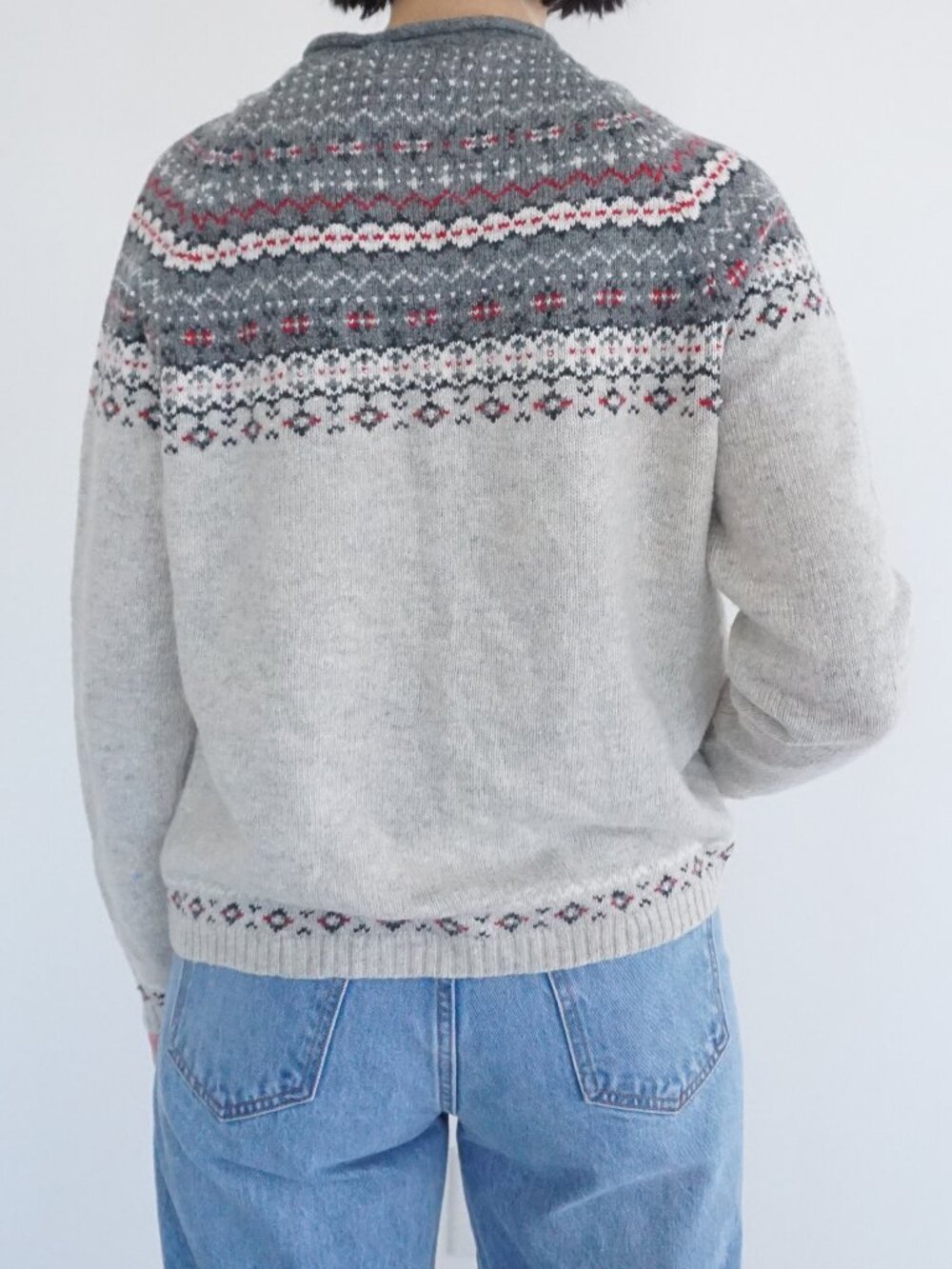 Vintage Northern Reflections Grey Fair Isle Knit Sweater Red White Nordic Wool L - Picture 2 of 9